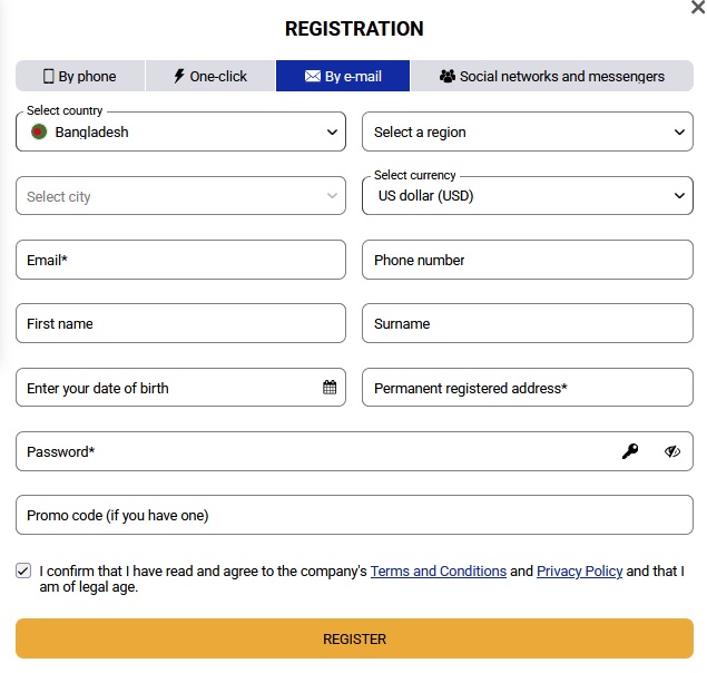 SAPPHIREBET registration form: one-click, by phone, by e-mail or social networks